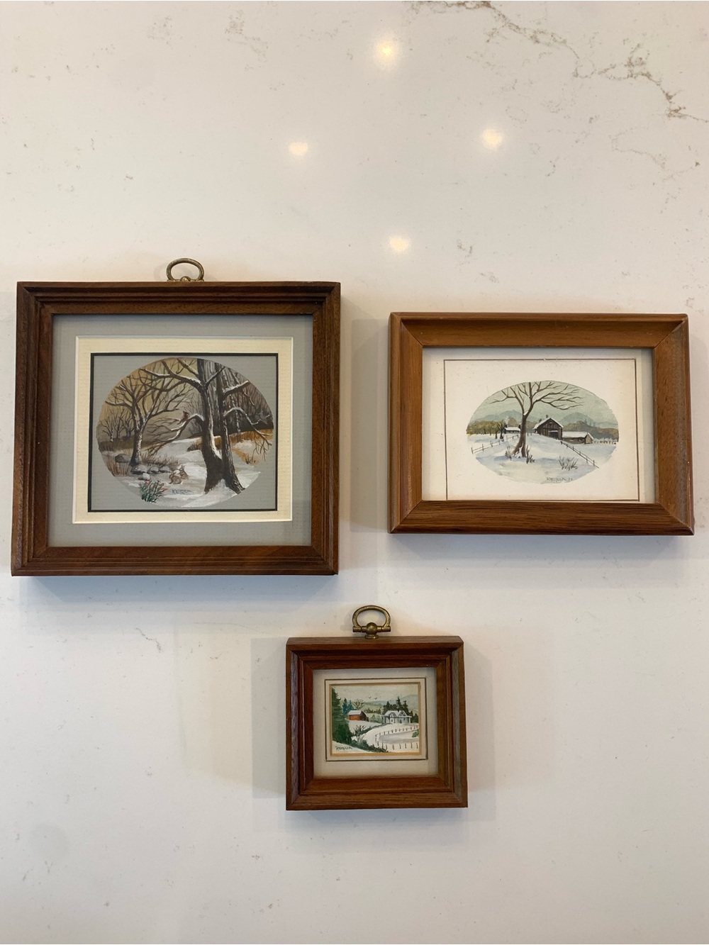 Vintage Wooden Framed Pictures Mini Winter Scene Wall Decor Set Of (3) 5”, 4”,3”